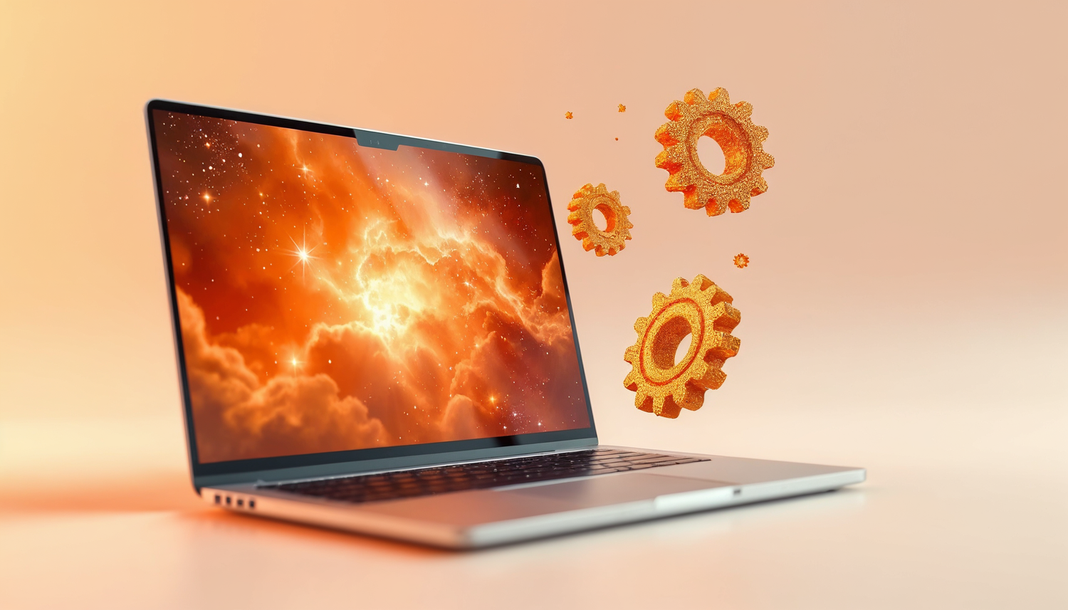 Laptop mit orangefarbener Galaxie auf dem Bildschirm, umgeben von drei schimmernden, sonnenähnlichen Formen; warmes Licht und minimalistisches Design in Gold- und Pfirsichtönen.