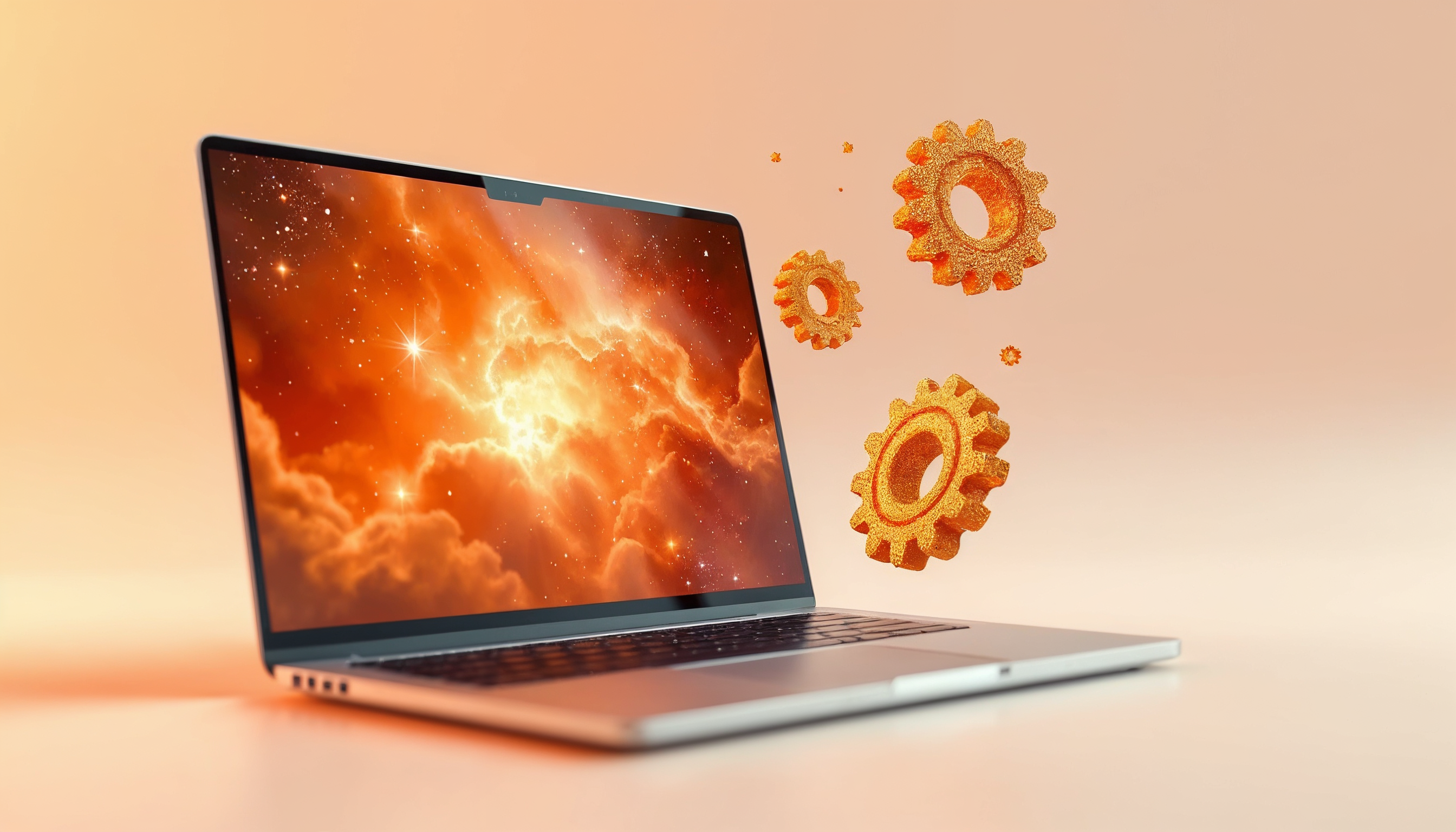 Laptop mit orangefarbener Galaxie auf dem Bildschirm, umgeben von drei schimmernden, sonnenähnlichen Formen; warmes Licht und minimalistisches Design in Gold- und Pfirsichtönen.