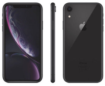 Vorder, Rück und Seitenansicht des iPhone XR in schwarz mit Display und Apple Logo