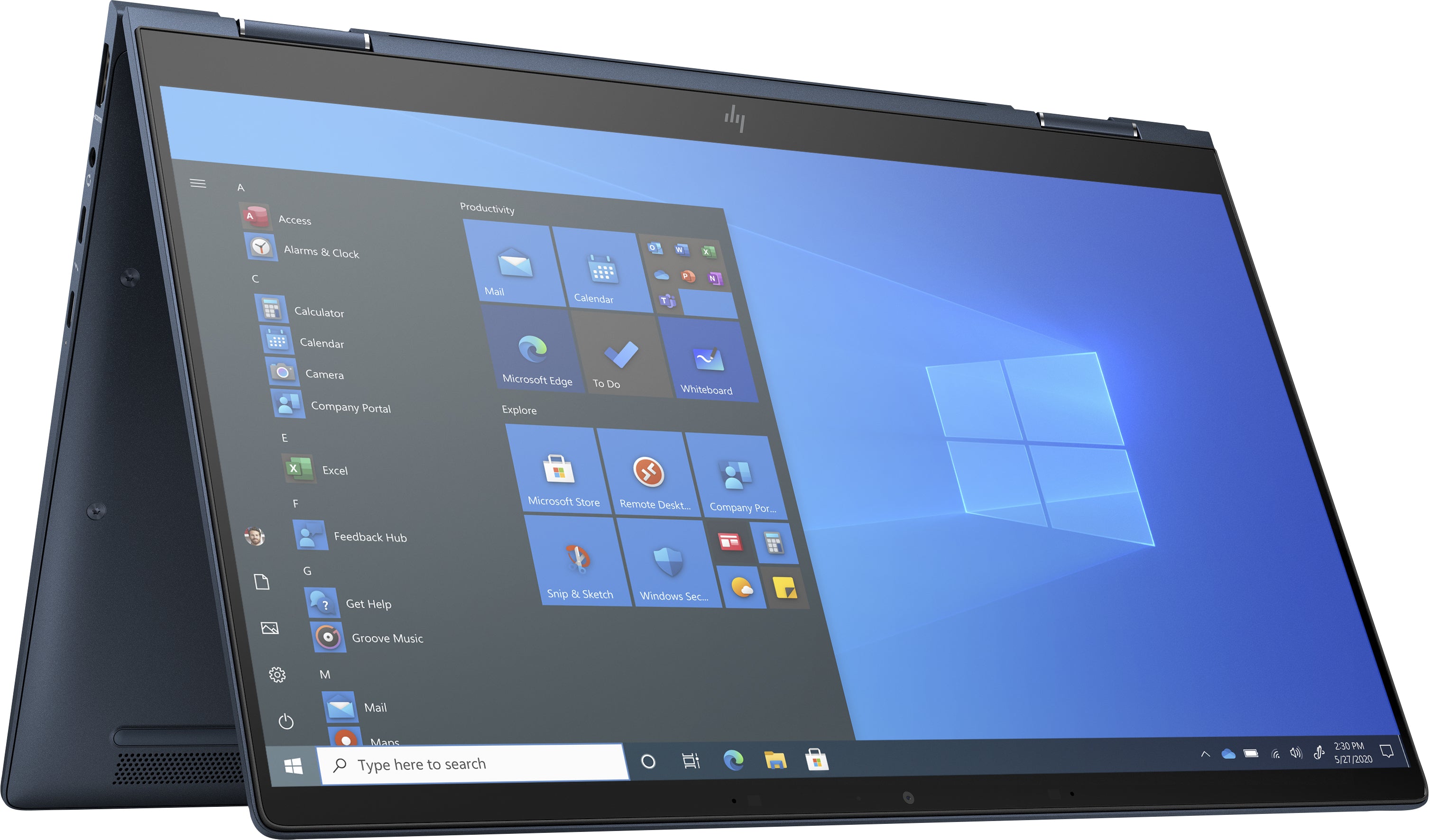 HP Elite Dragonfly G2 im Convertible Modus auf den Tisch gestellt, gestützt auf Fuß und Deckel