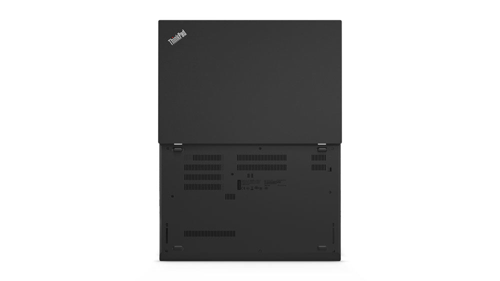 Laptop 180° geöffnet von hinten, mit sichtbarem ThinkPad-Logo auf der Rückseite