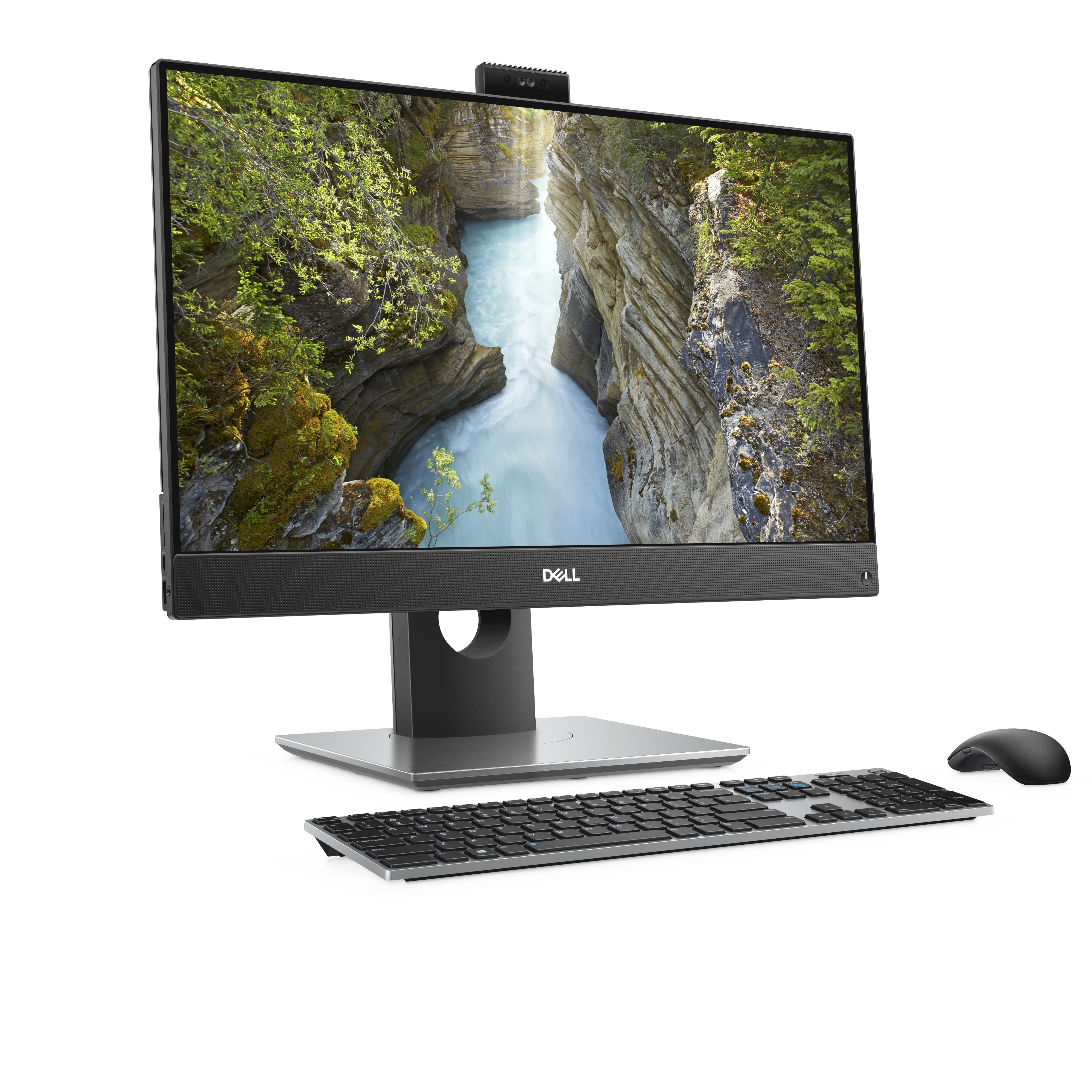 All-in-One Optiplex 7480 Frontalansciht schräg nach rechts ausgerichtet, mit Tastatur und Maus