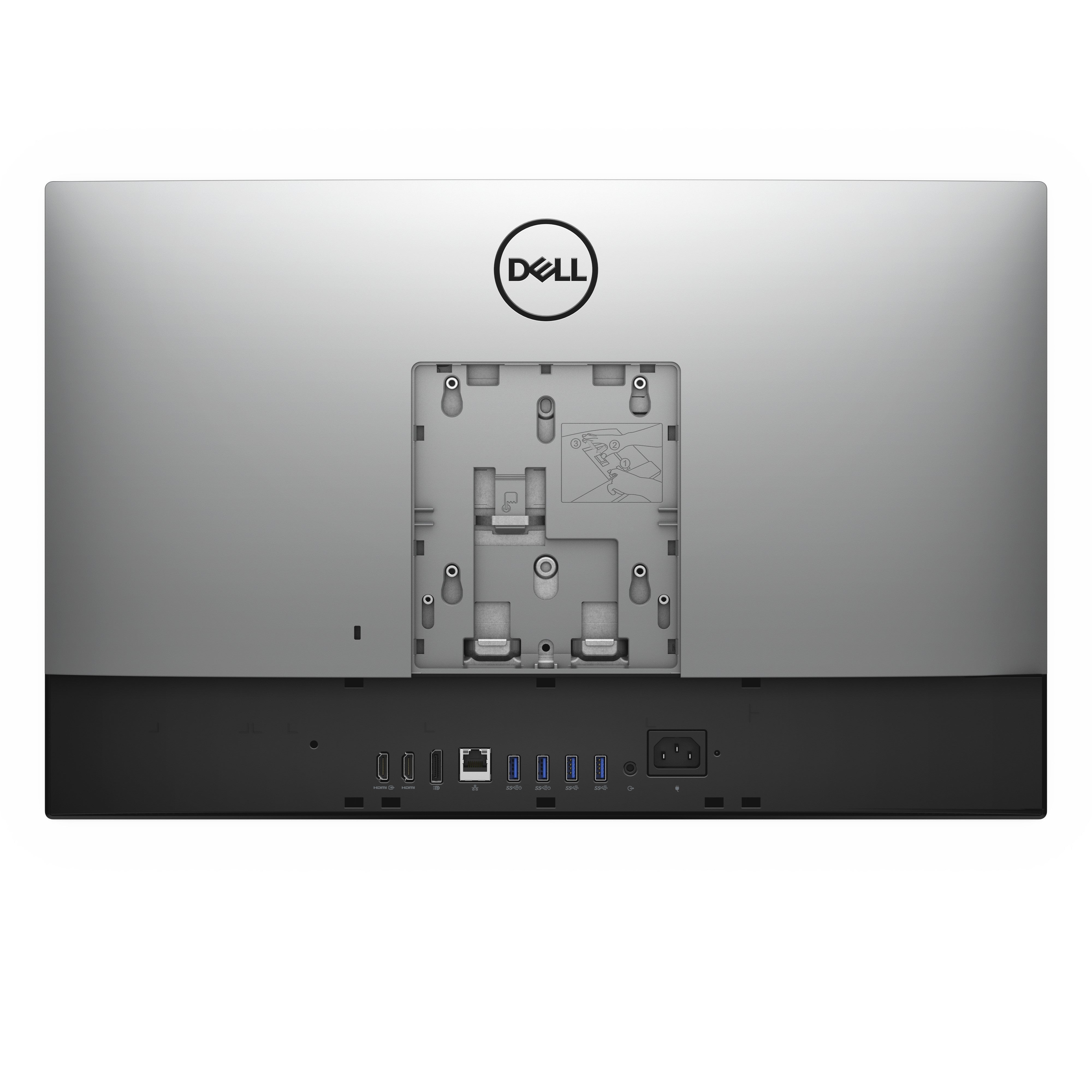 Ansicht der AiO Hinterseite mit Dell Logo und Anschlussmöglichkeiten