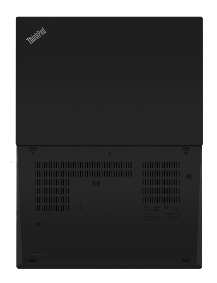 Laptop 180° geöffnet von hinten, mit sichtbarem ThinkPad-Logo auf der Rückseite