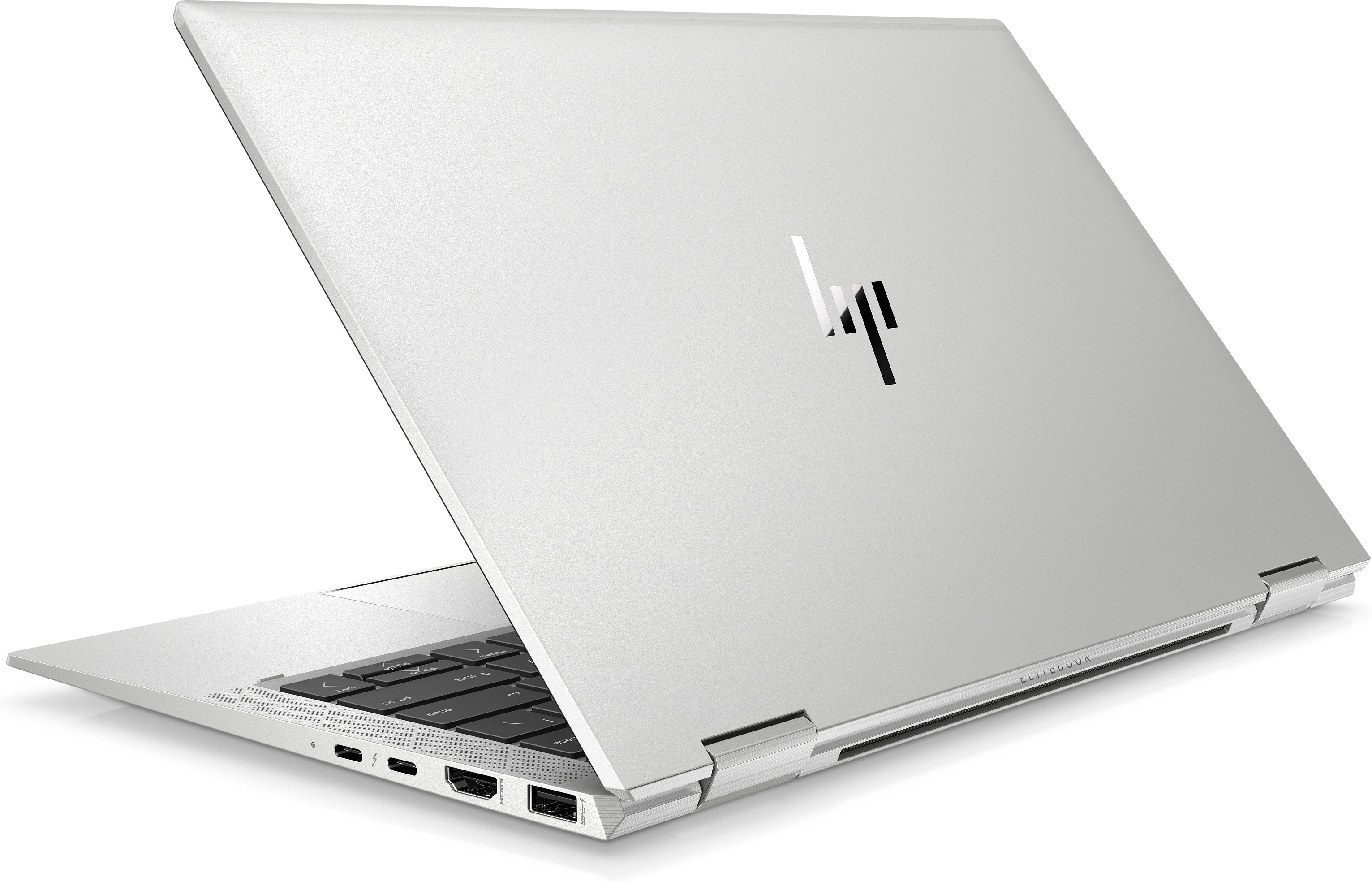 Laptop aufgeklappt, Ansicht von hinten schräg links