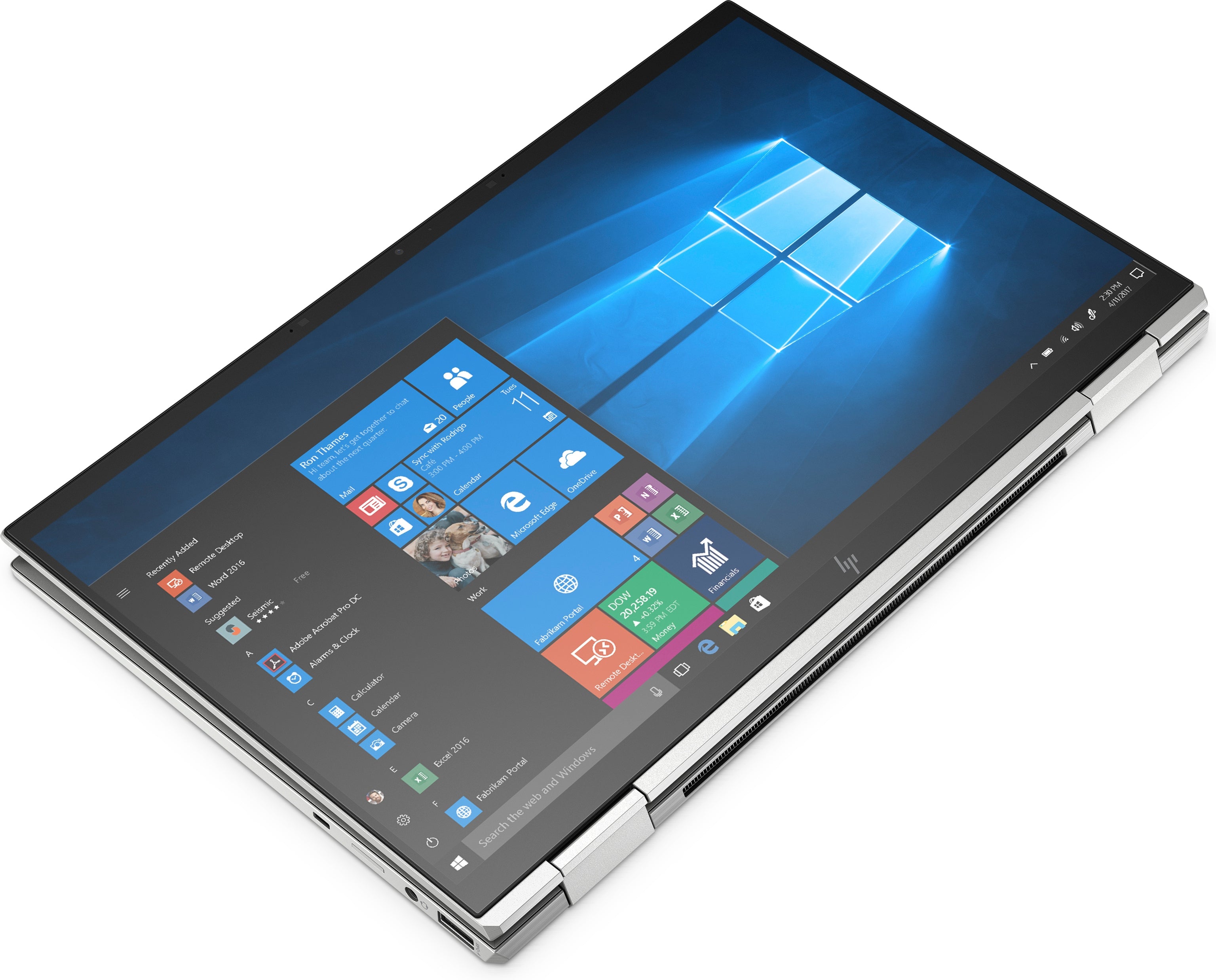 Laptop im Tablet-Modus, Tastatur vollständig nach hinten geklappt, schräg Ansicht auf Bildschirm