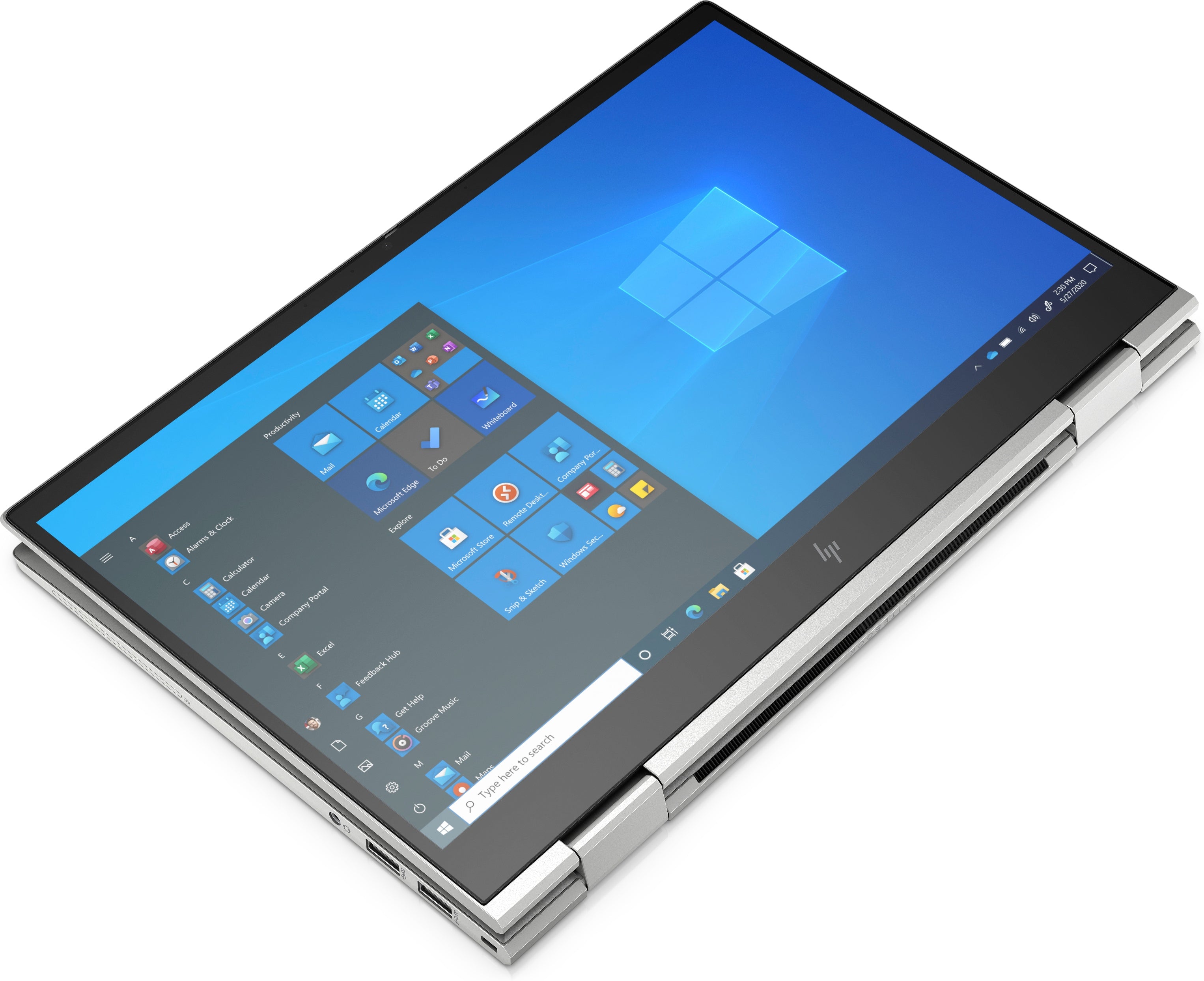 Laptop im Tablet-Modus, Tastatur vollständig nach hinten geklappt, schräg liegend