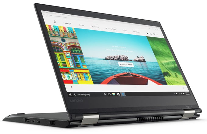 Laptop im Zeltmodus Bildschirm zur Bedienung nach außen gerichtet Ansicht von schräg links