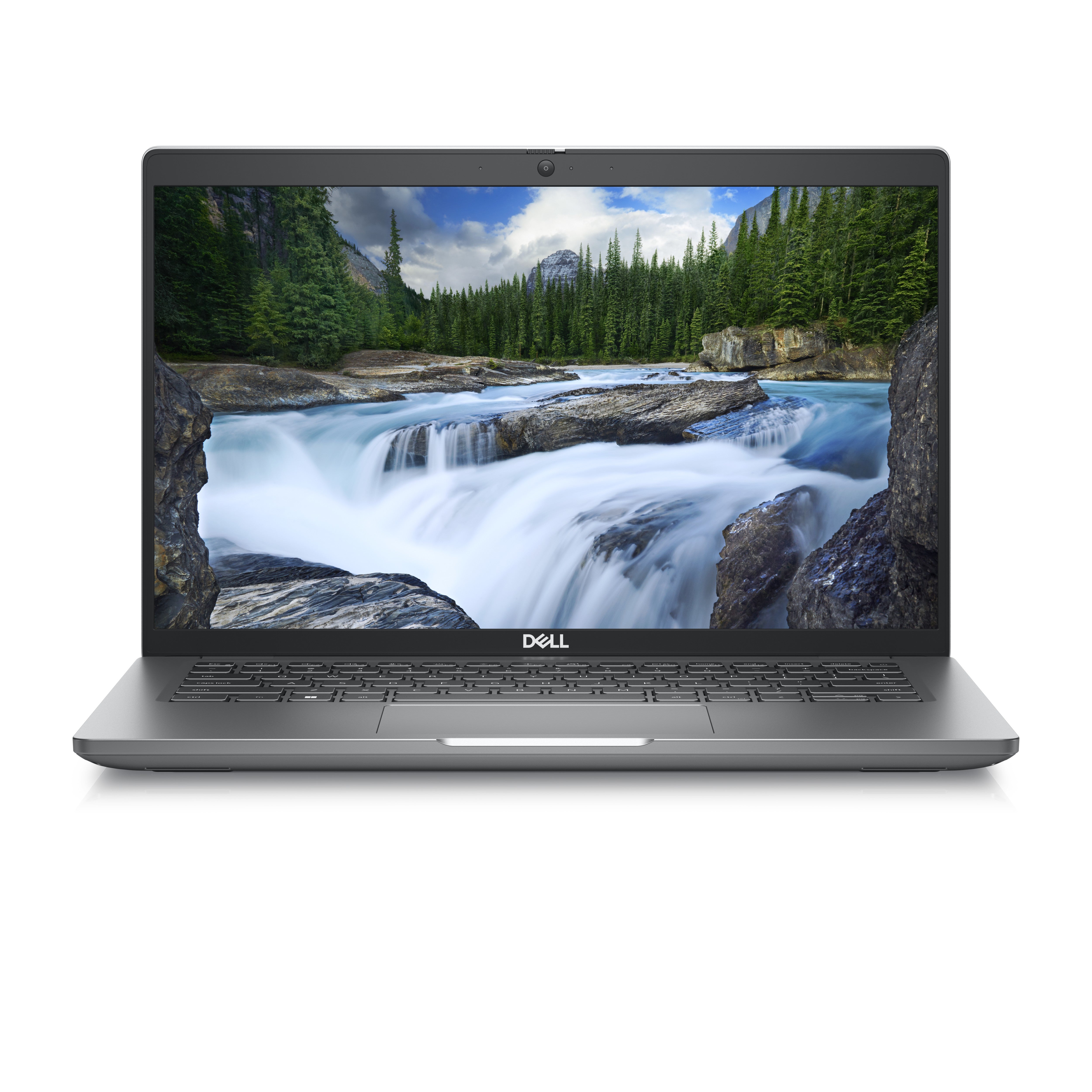 Laptop geöffnet Frontalansicht Bildschirm und Tastatur von vorne sichtbar