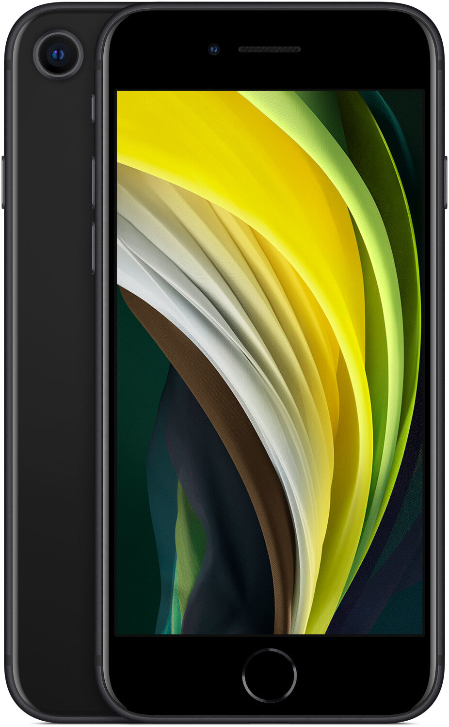 Paralleldarstellung des iPhone SE von Vorder und Rückseite in der Farbe schwarz