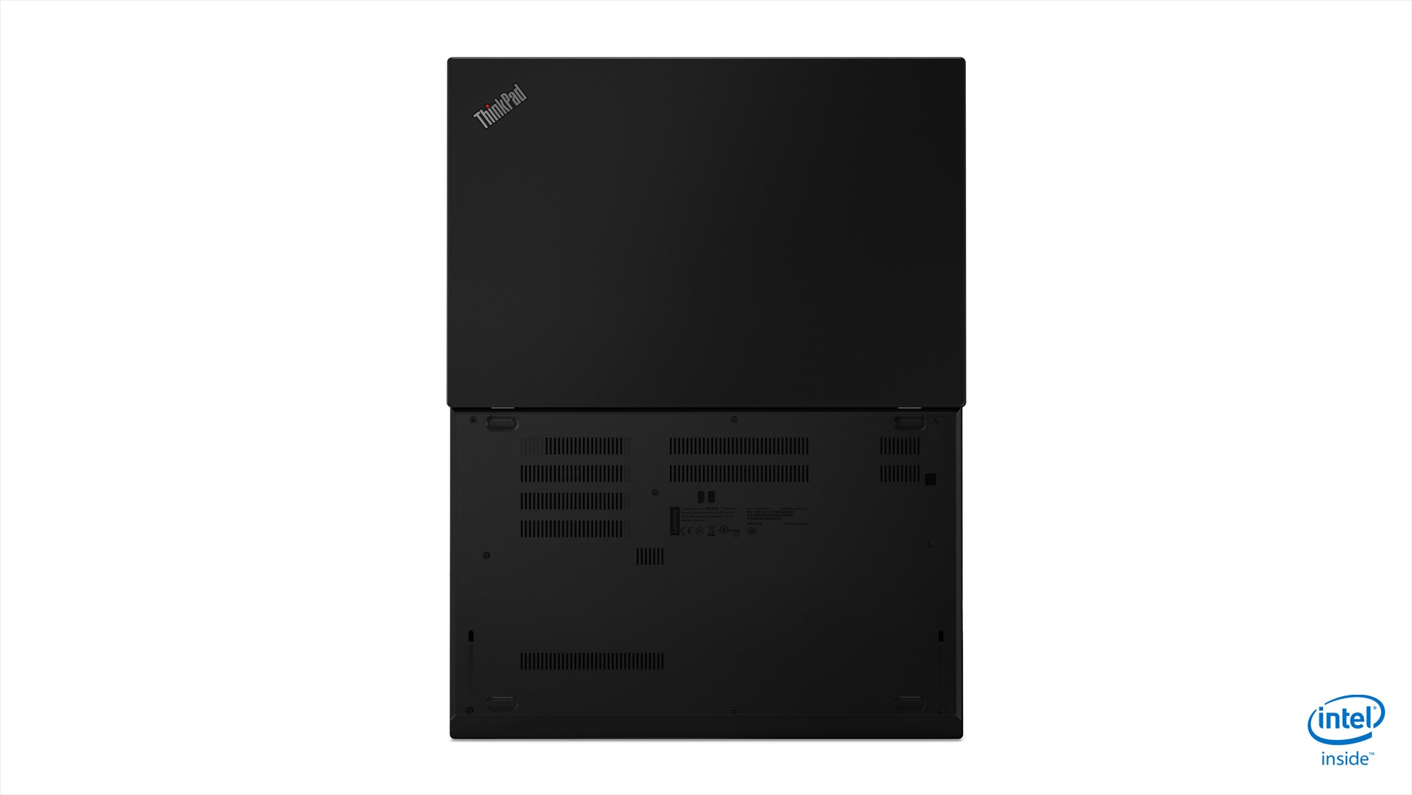 Laptop 180° geöffnet von hinten, mit sichtbarem ThinkPad-Logo auf der Rückseite