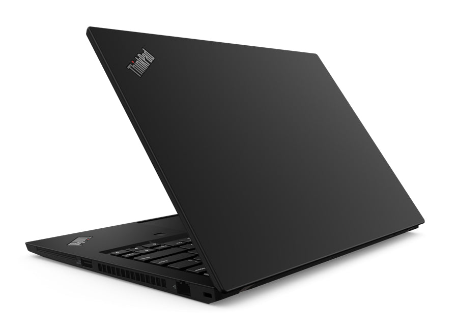 Laptop aufgeklappt, Ansicht von hinten schräg links