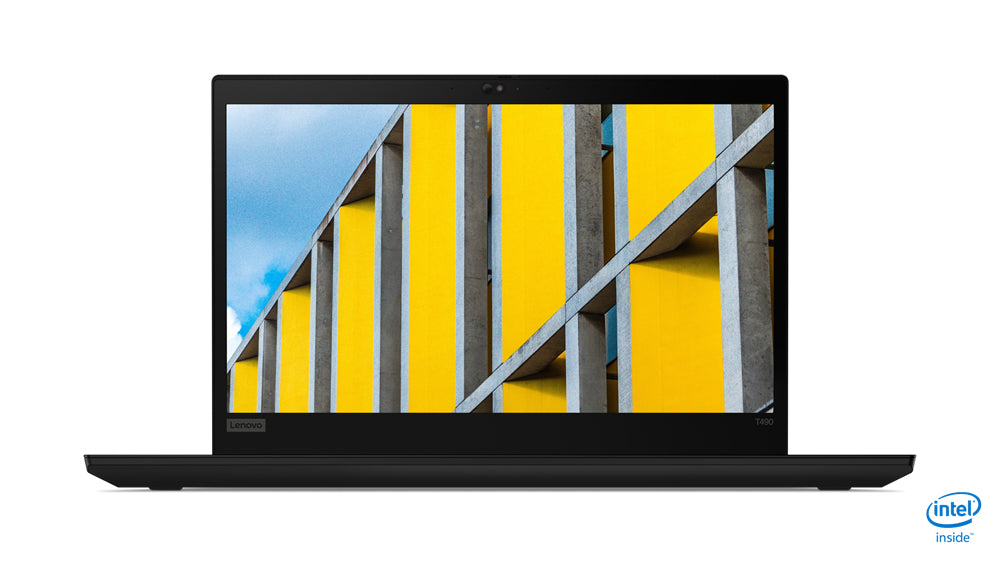 Laptop geöffnet Frontalansicht, Bildschirm mit gelbem Abstraktmuster sichtbar