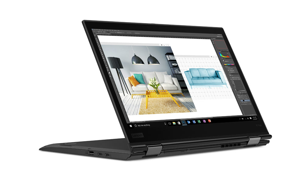 Laptop im Zeltmodus Bildschirm zur Bedienung nach außen gerichtet Ansicht von schräg links