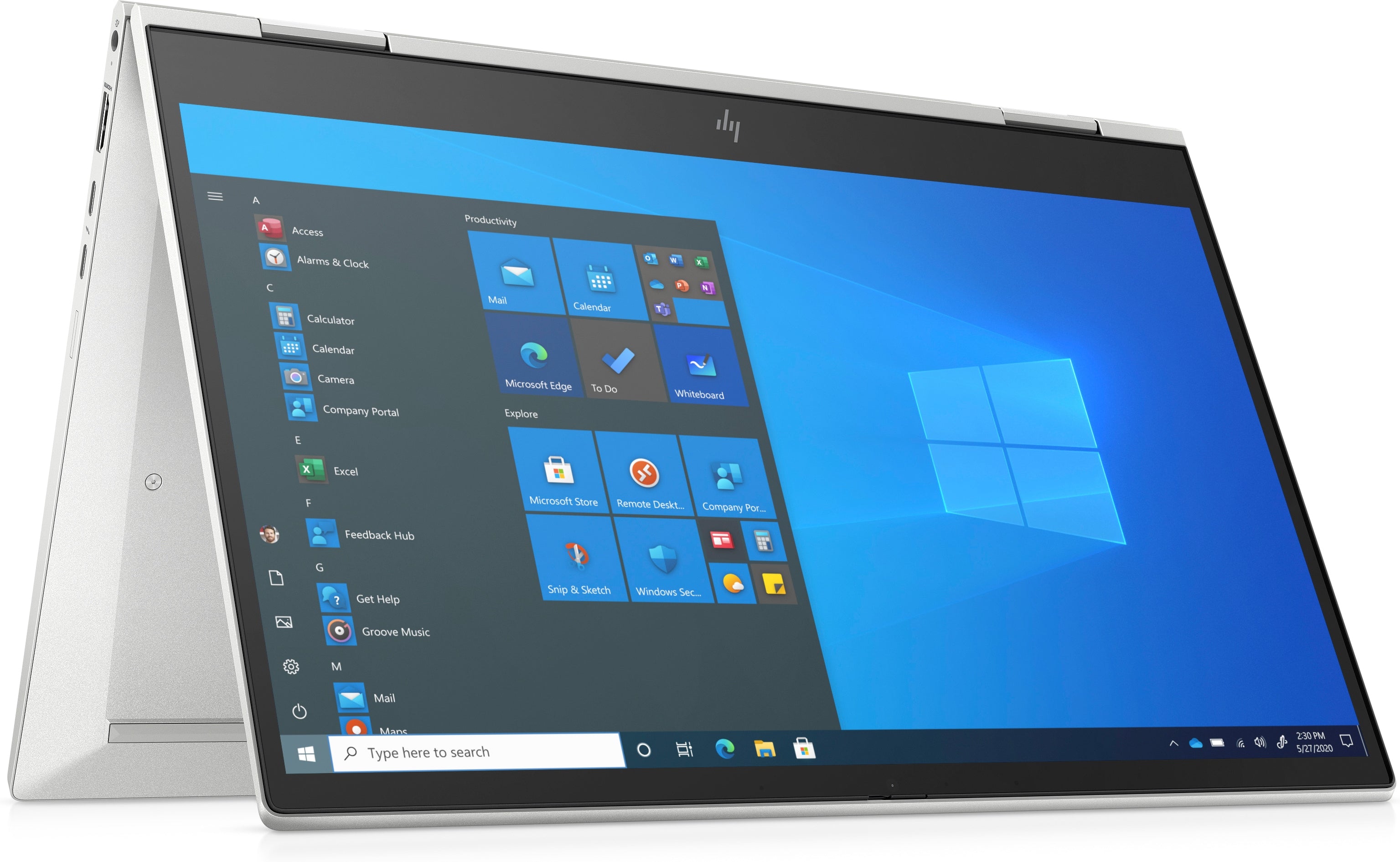 Laptop im Zeltmodus, Bildschirm zur Bedienung nach außen gerichtet, Ansicht schräg links